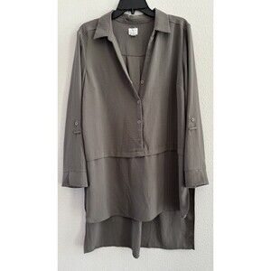 b new york Women's Eco Hi-lo Roll Sleeve Y Neck Button Down Top gray size large